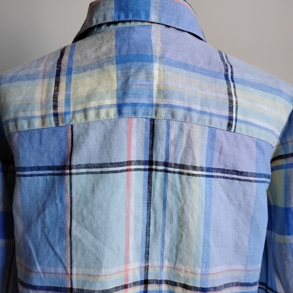 Liz Claiborne Linen Blue Plaid Button Up Shirt 3/4 Sleeves Coastal Size Medium - Picture 9 of 14